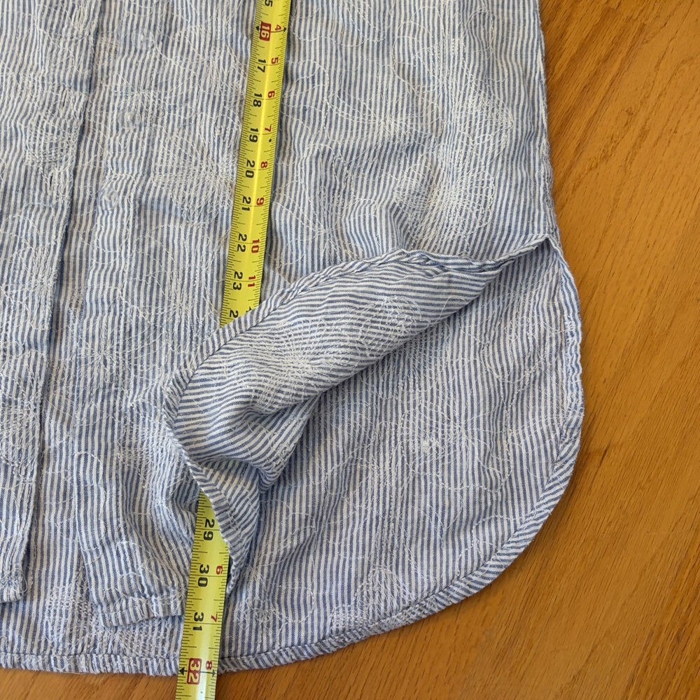 Flax Pinstripe Button Down Shirt Floral Embroidered Linen Roll Tab Sleeves S - Picture 6 of 7
